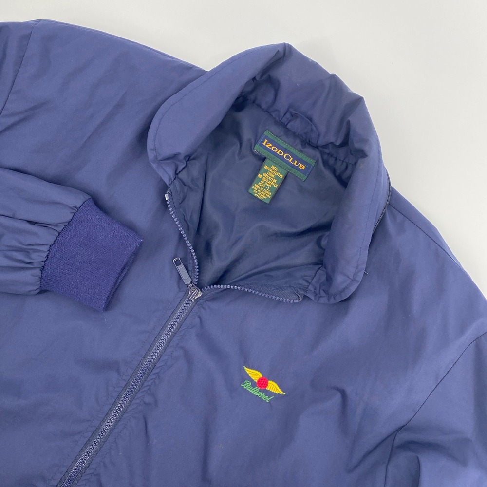 Vtg Izod Club Windbreaker Mens Large Blue Baltusrol Golf Jacket Hidden Hood 90s
